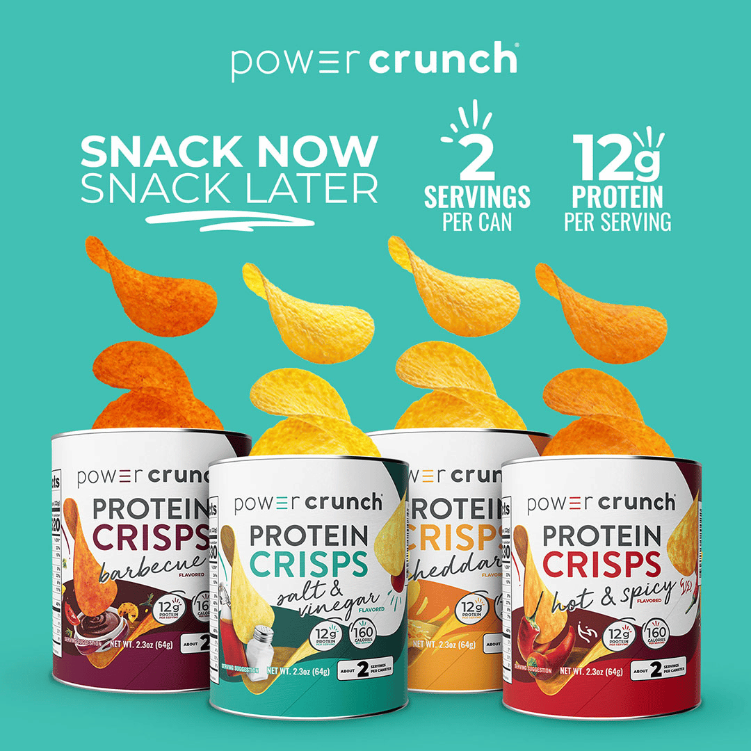 Power Crunch Protein Crisps packaging with flavor options on a teal background