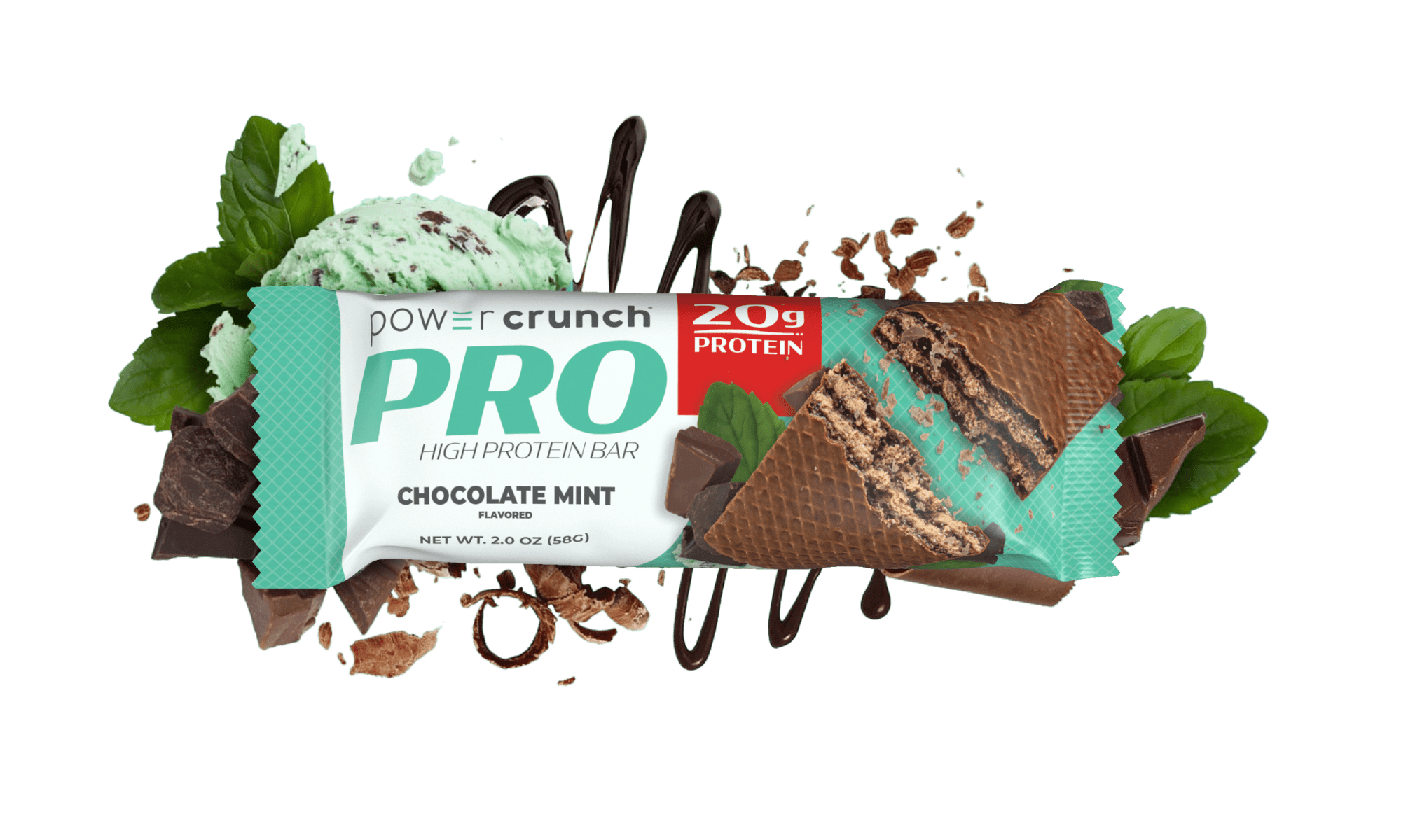 Power Crunch PRO Chocolate Mint 20g protein bars pictured with Chocolate Mint flavor explosion