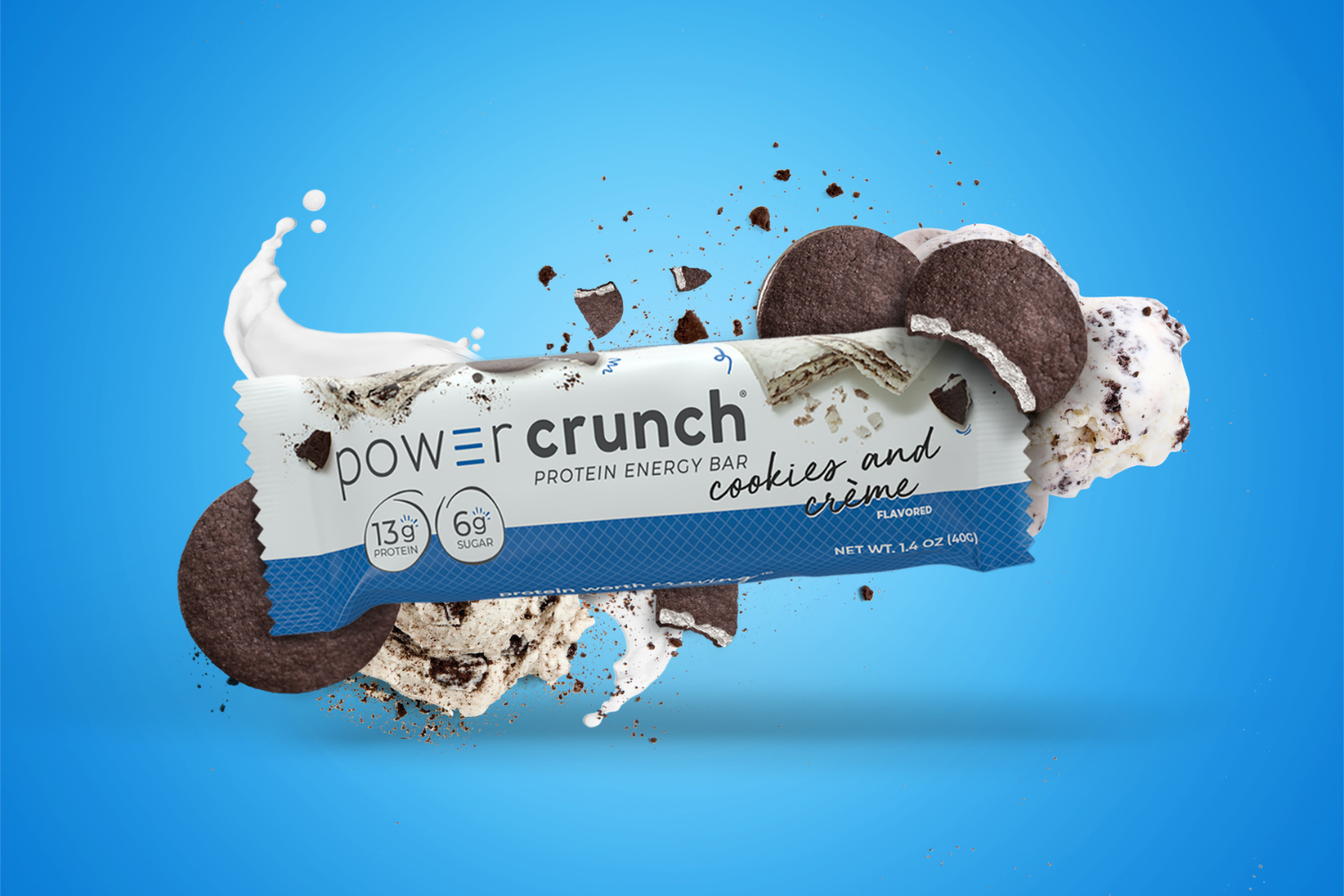 Cookies and cream protein bars pictured with cookies and cream flavor explosion