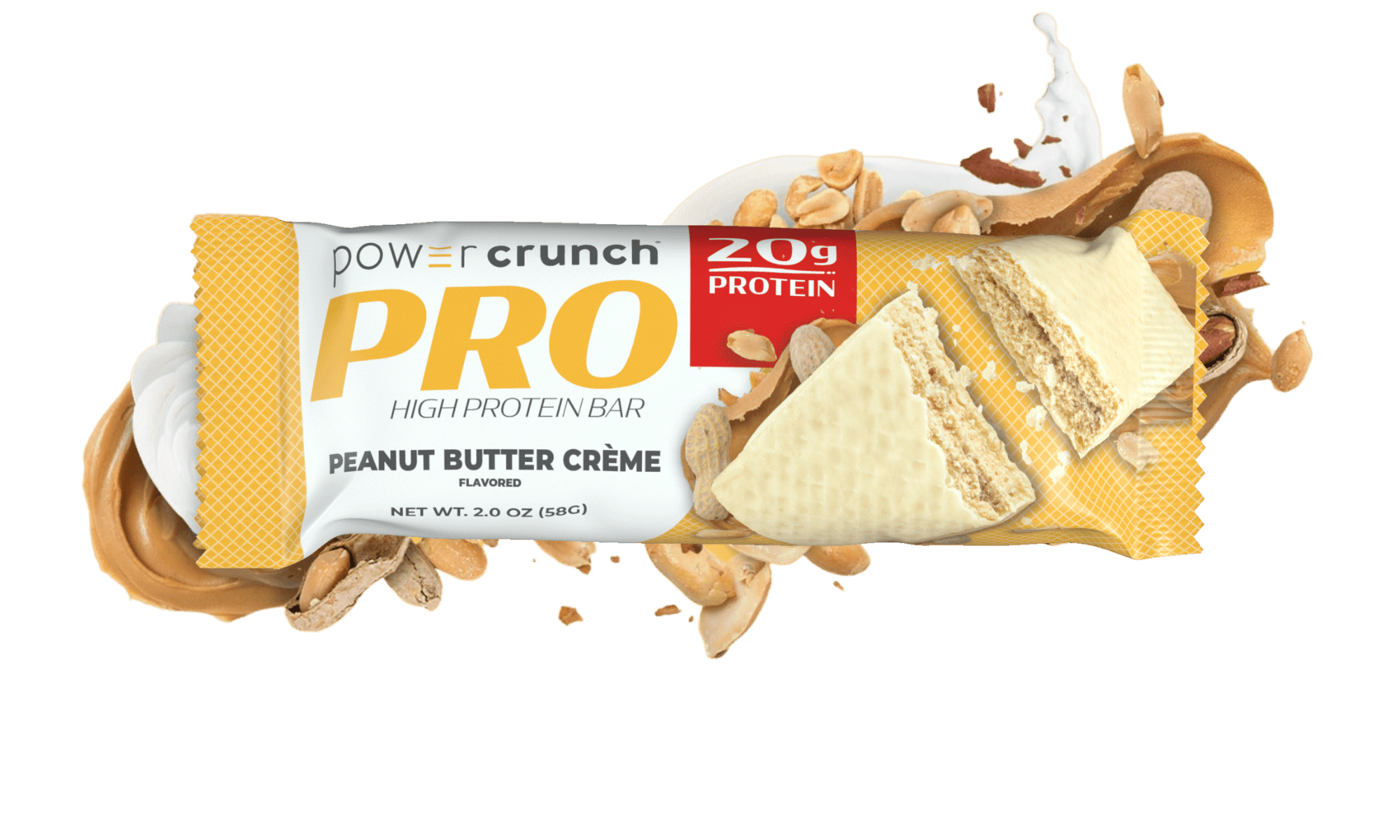 Power Crunch PRO Peanut Butter 20g protein bars pictured with Peanut Butter flavor explosion