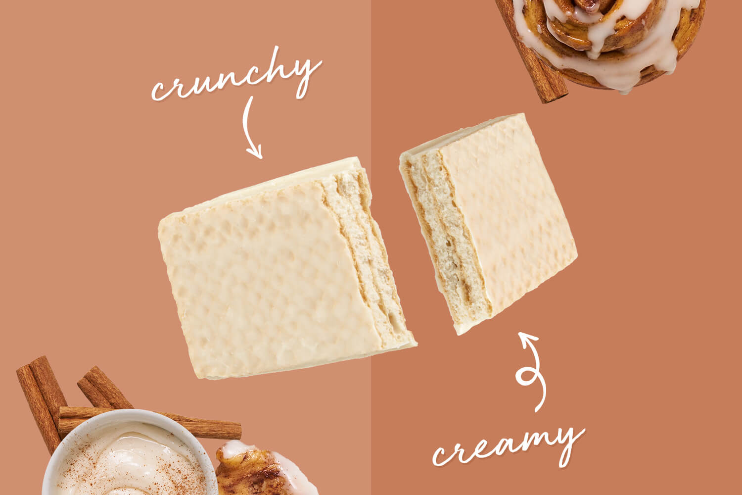 cinnamon roll protein bars with crunchy wafer texture and creamy flavor