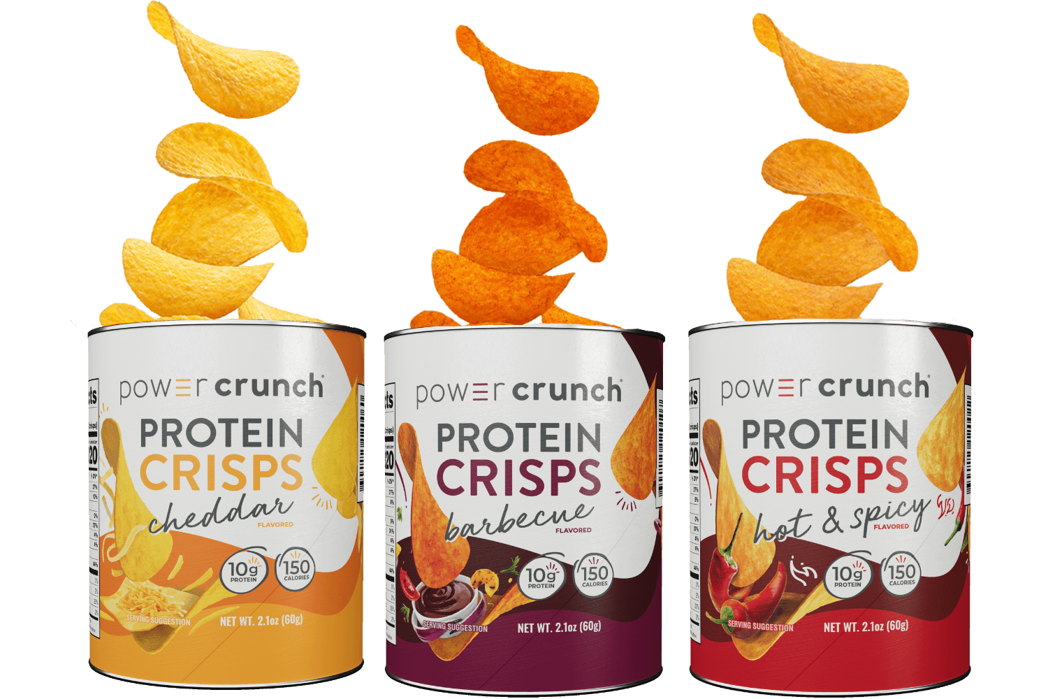 cheddar, barbecue, and hot & spicy protein crisps pictured with crisps exploding from top