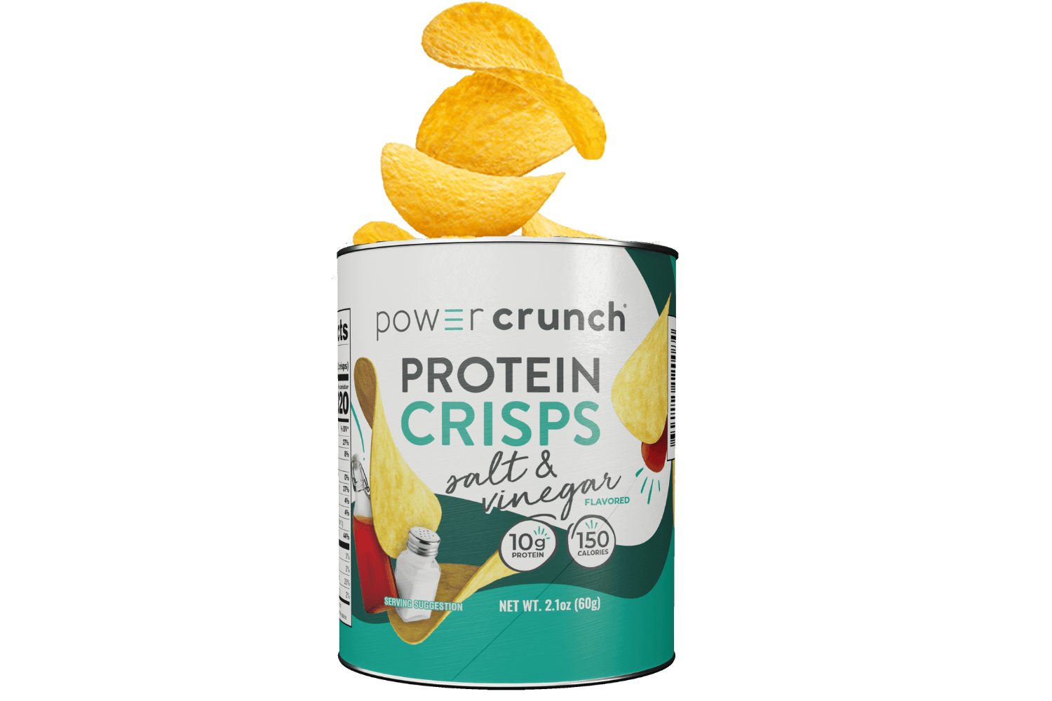 salt & vinegar protein crisps pictured with crisps exploding from top