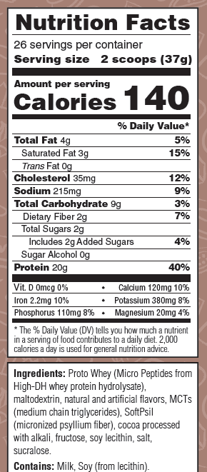 Proto Whey Protein powder nutrition facts panel chocolate