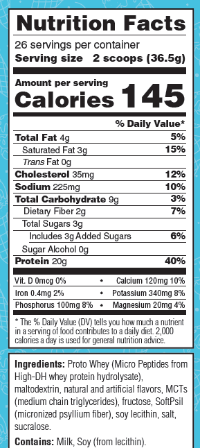 Proto Whey Protein powder nutrition facts panel french vanilla