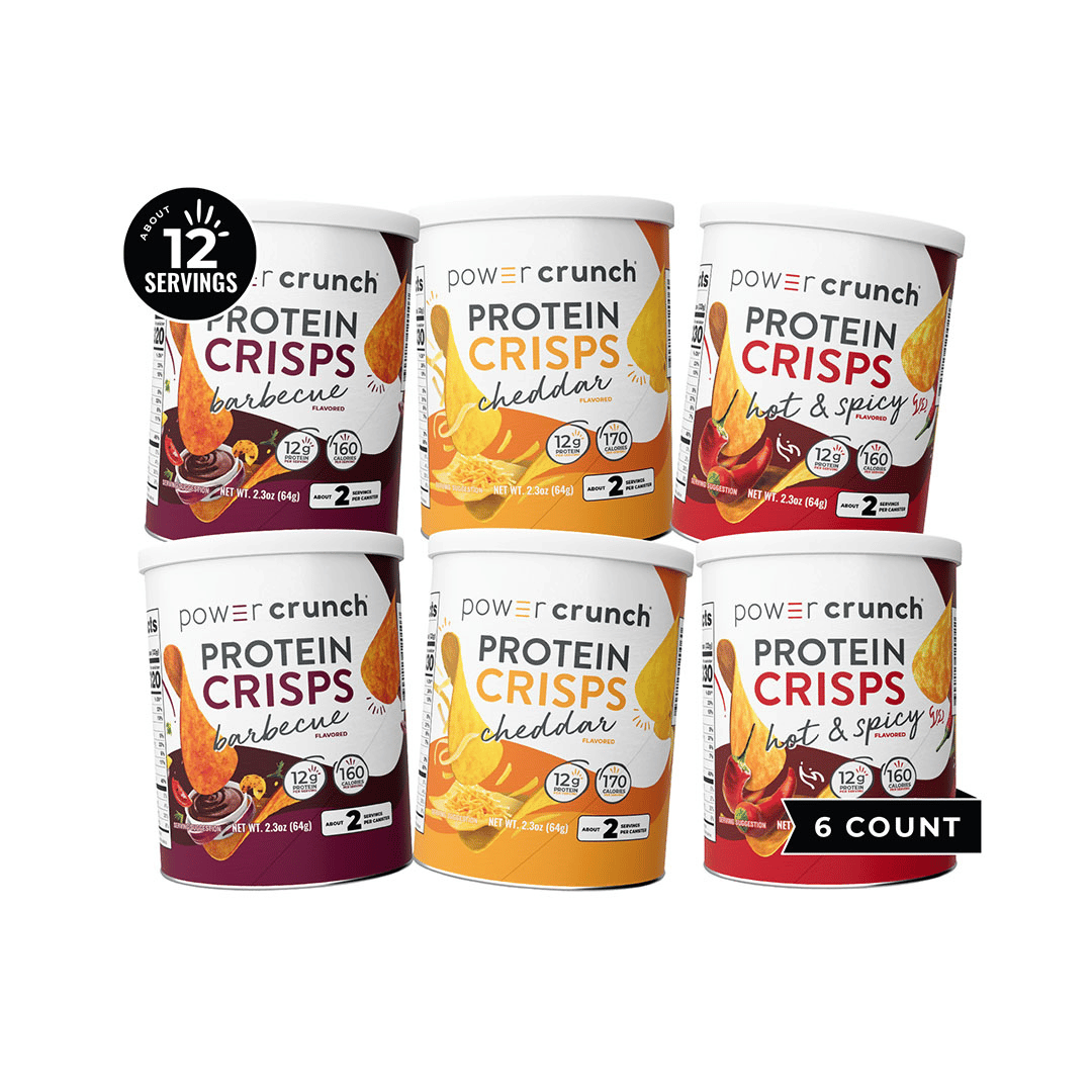 Assorted packages of Power Crunch Protein Crisps on a white background