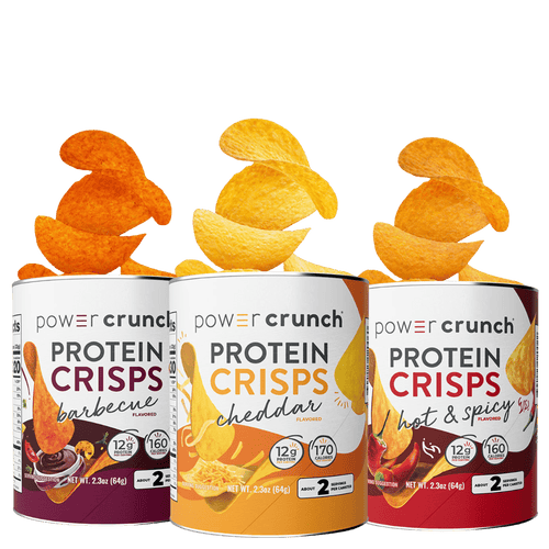 Three cans of Power Crunch Protein Crisps with different flavors on a green background