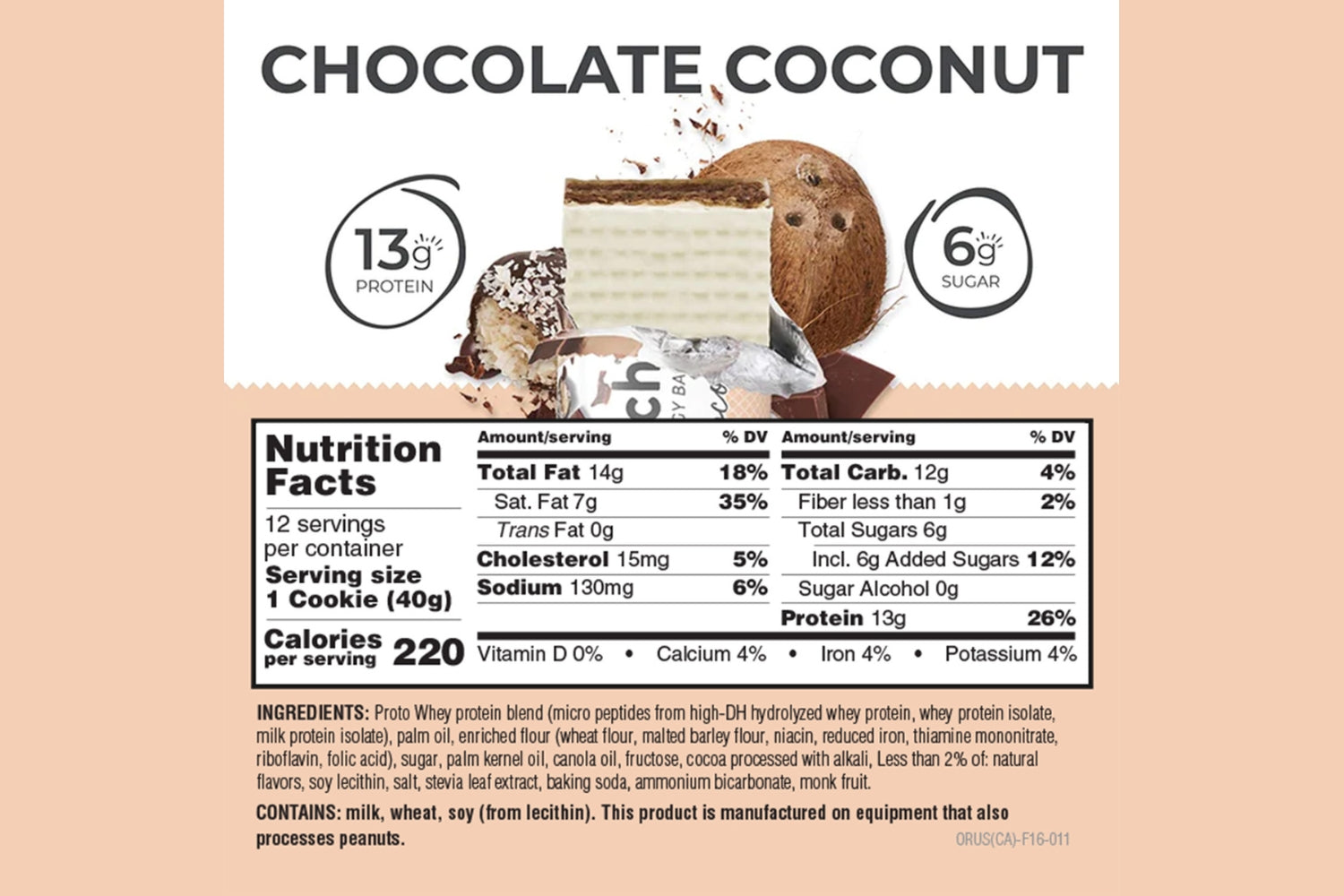 Power Crunch Original Chocolate Coconut nutrition facts panel
