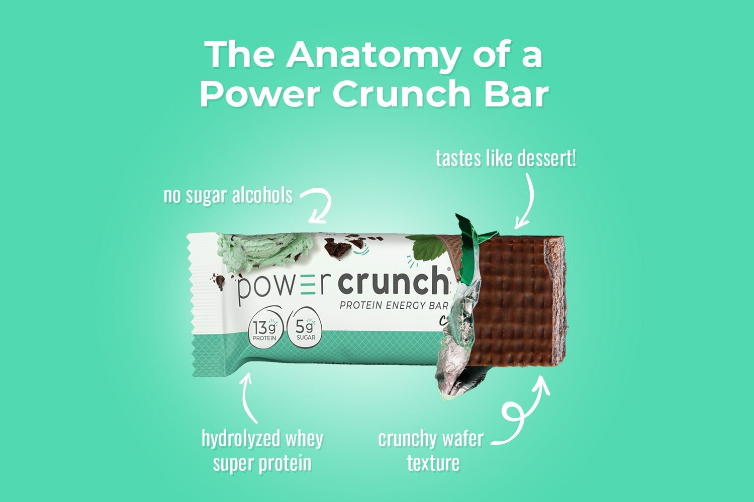 Anatomy of a chocolate mint power crunch bar with hydrolyzed whey super protein