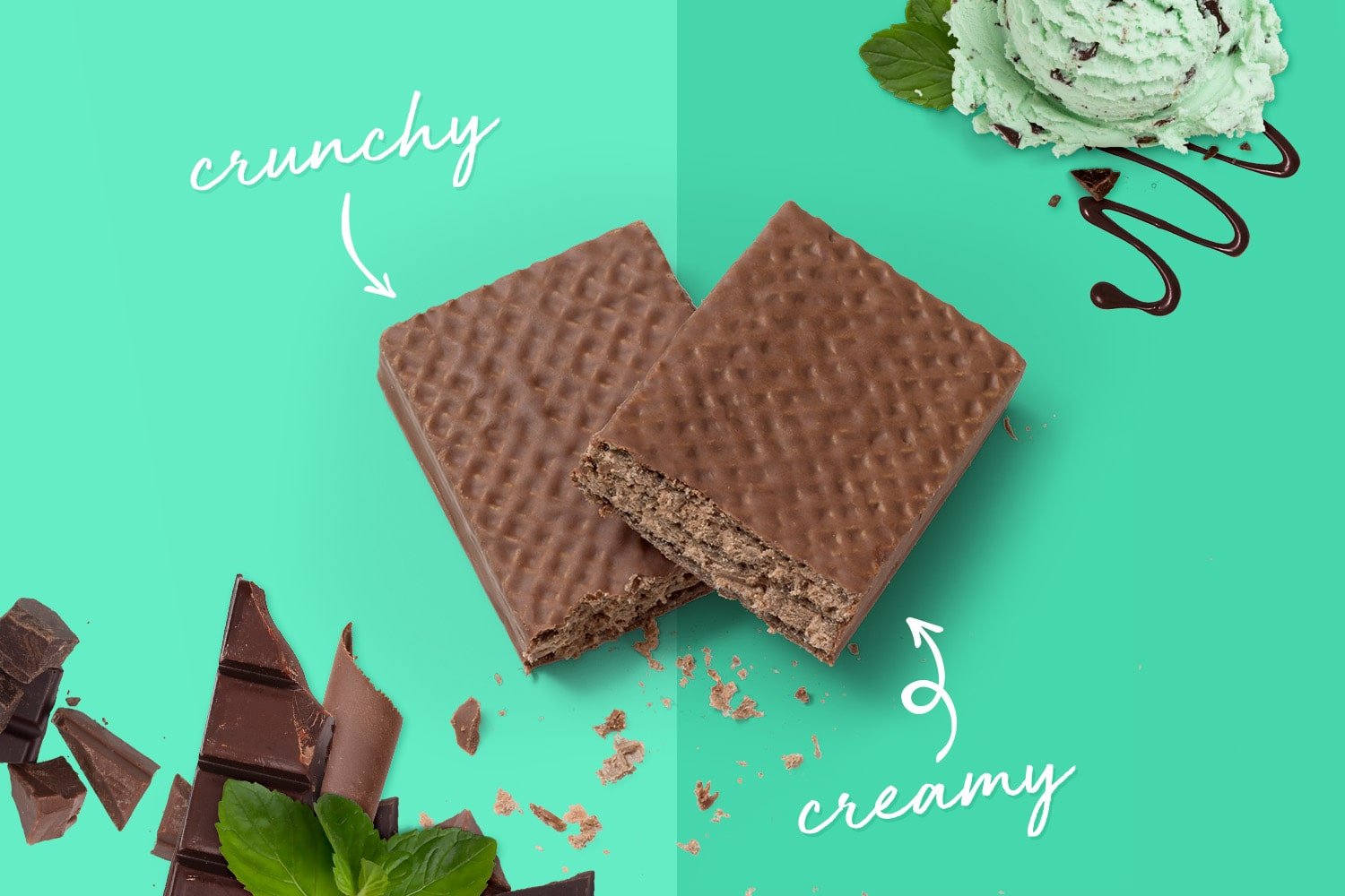 chocolate mint protein bars with crunchy wafer texture and creamy flavor