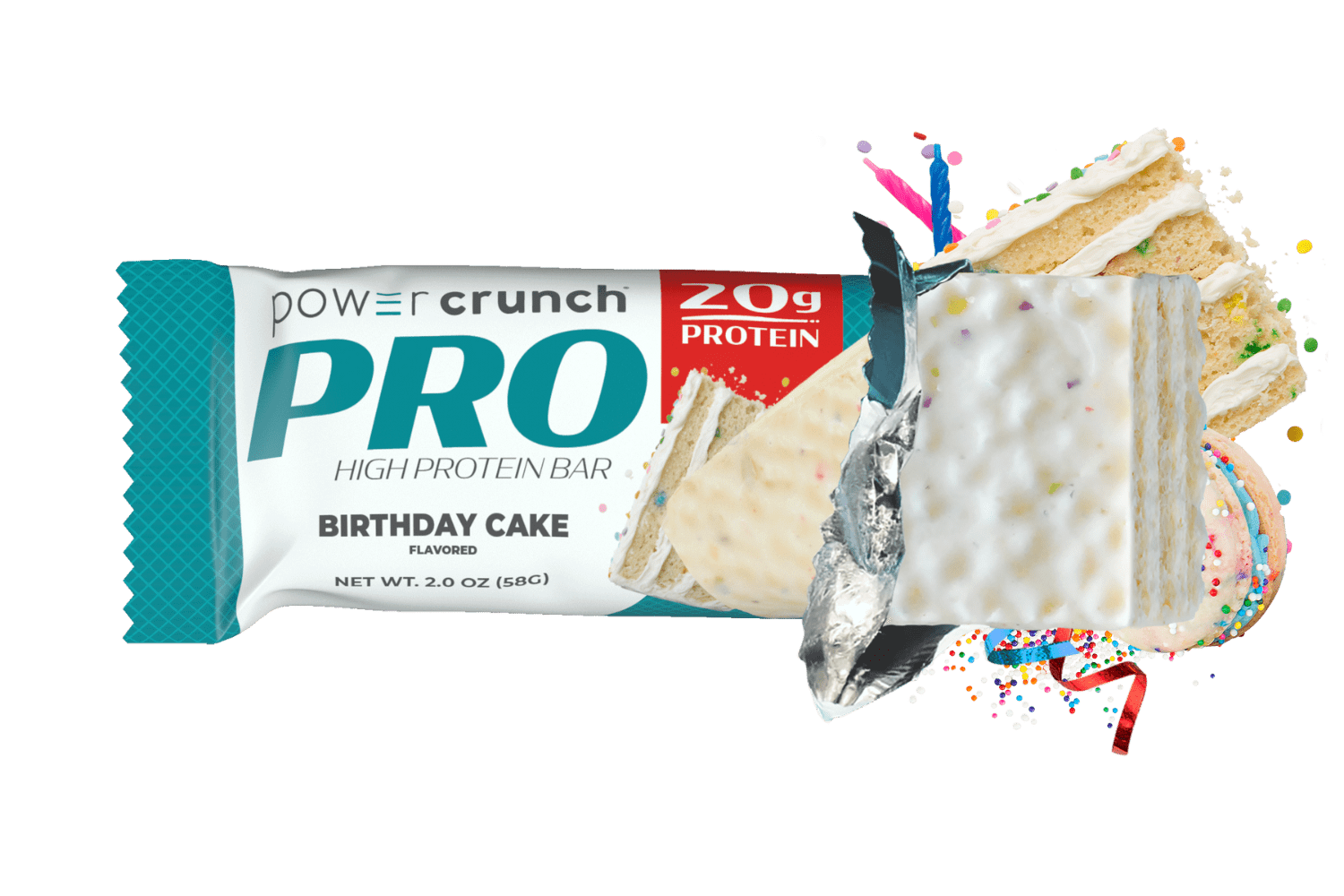 Power Crunch PRO Birthday Cake 20g protein bars pictured with Birthday Cake flavor explosion