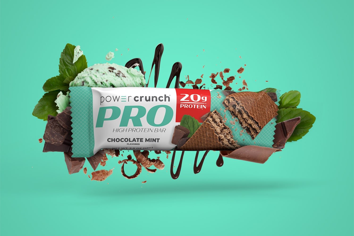 PRO Chocolate Mint 20g protein bars pictured with Chocolate Mint flavor explosion