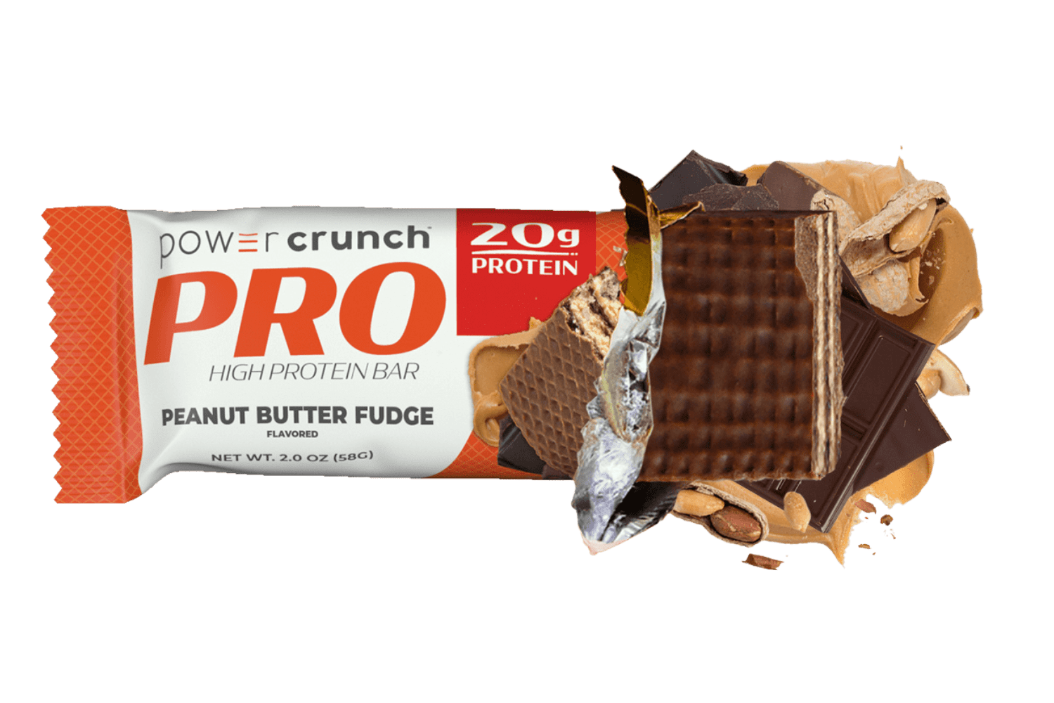 Power Crunch PRO Peanut Butter Fudge 20g protein bars pictured with Peanut Butter Fudge flavor explosion