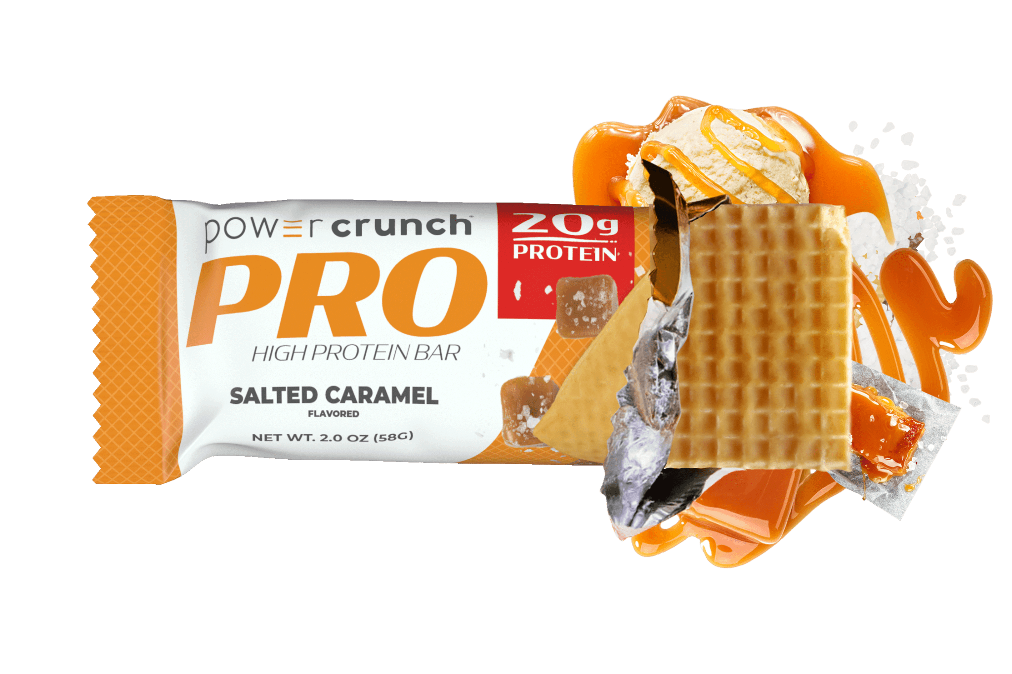 Power Crunch PRO Salted Caramel 20g protein bars pictured with Salted Caramel flavor explosion