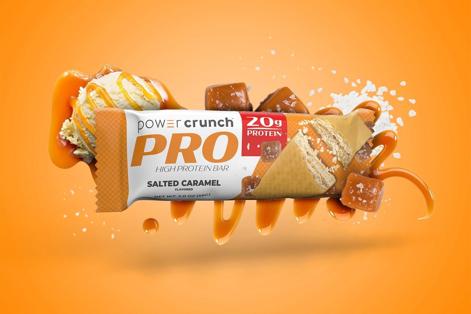 PRO Salted Caramel 20g protein bars pictured with Salted Caramel flavor explosion