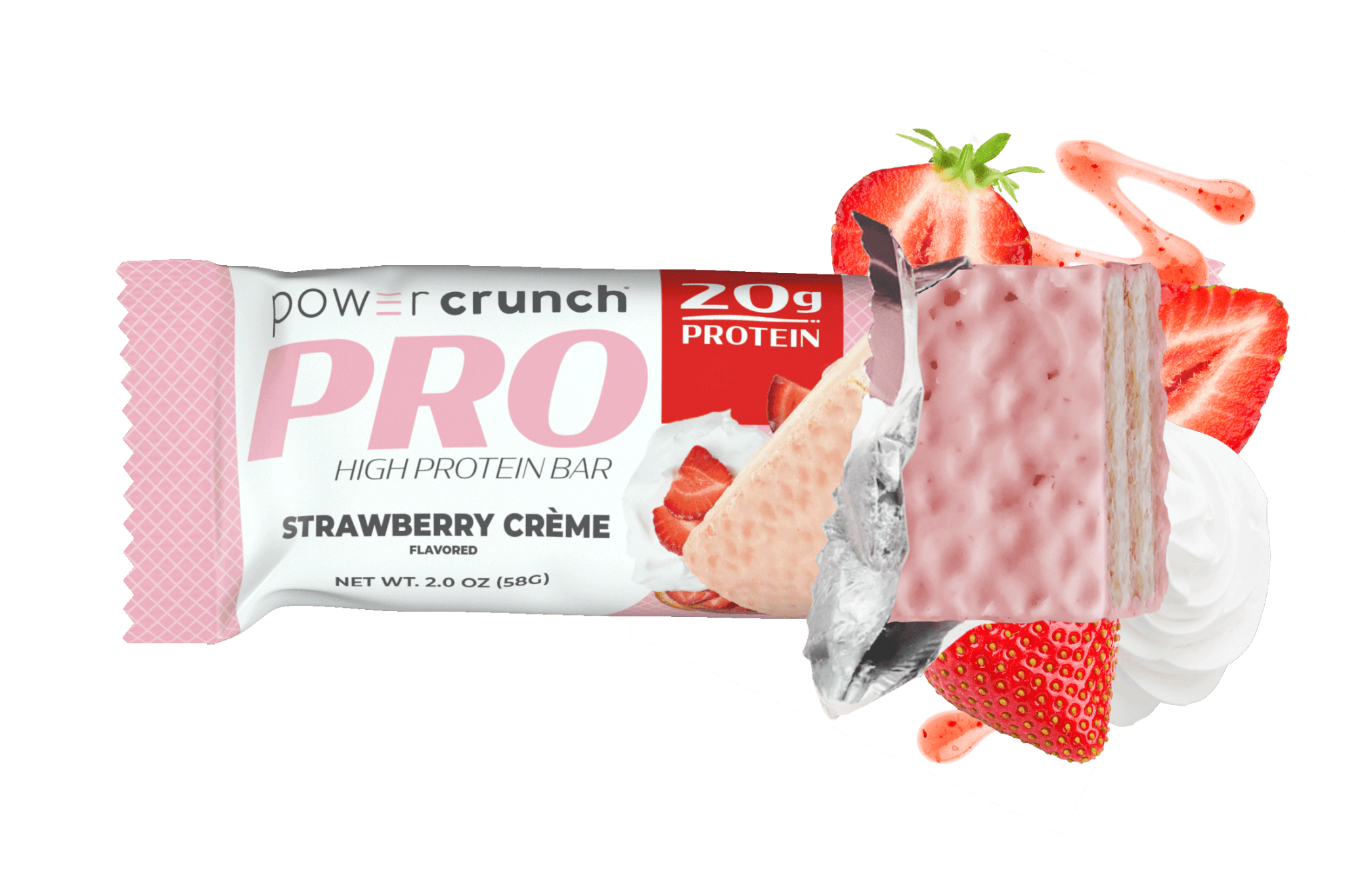 Power Crunch PRO Strawberry 20g protein bars pictured with Strawberry flavor explosion