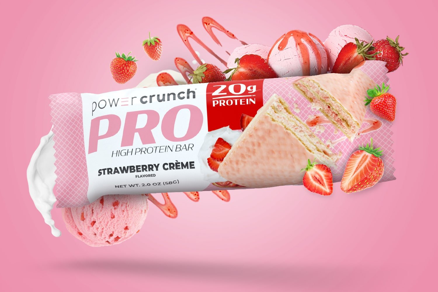 PRO Strawberry 20g protein bars pictured with Strawberry flavor explosion