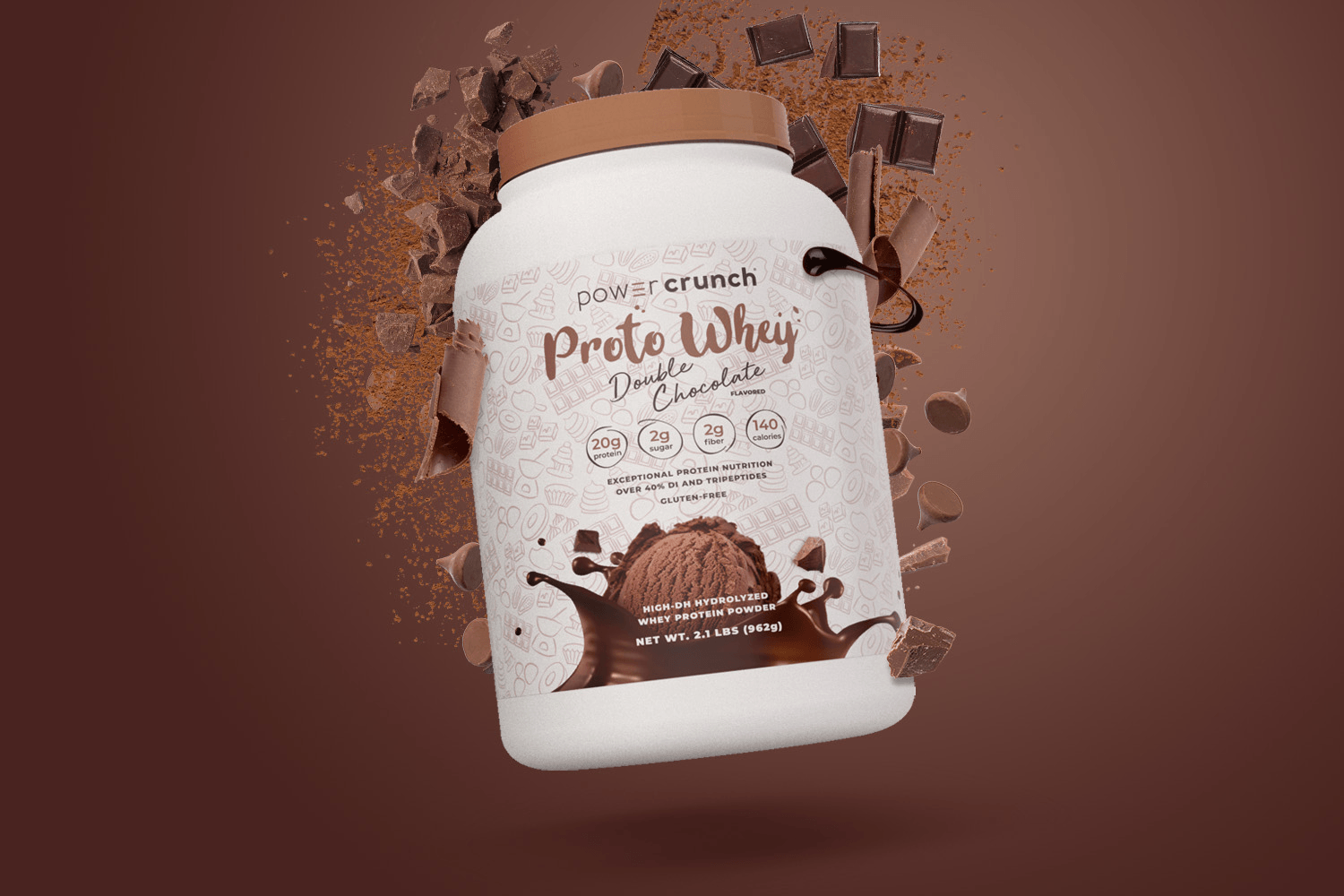 chocolate whey protein powder pictured with chocolate flavors