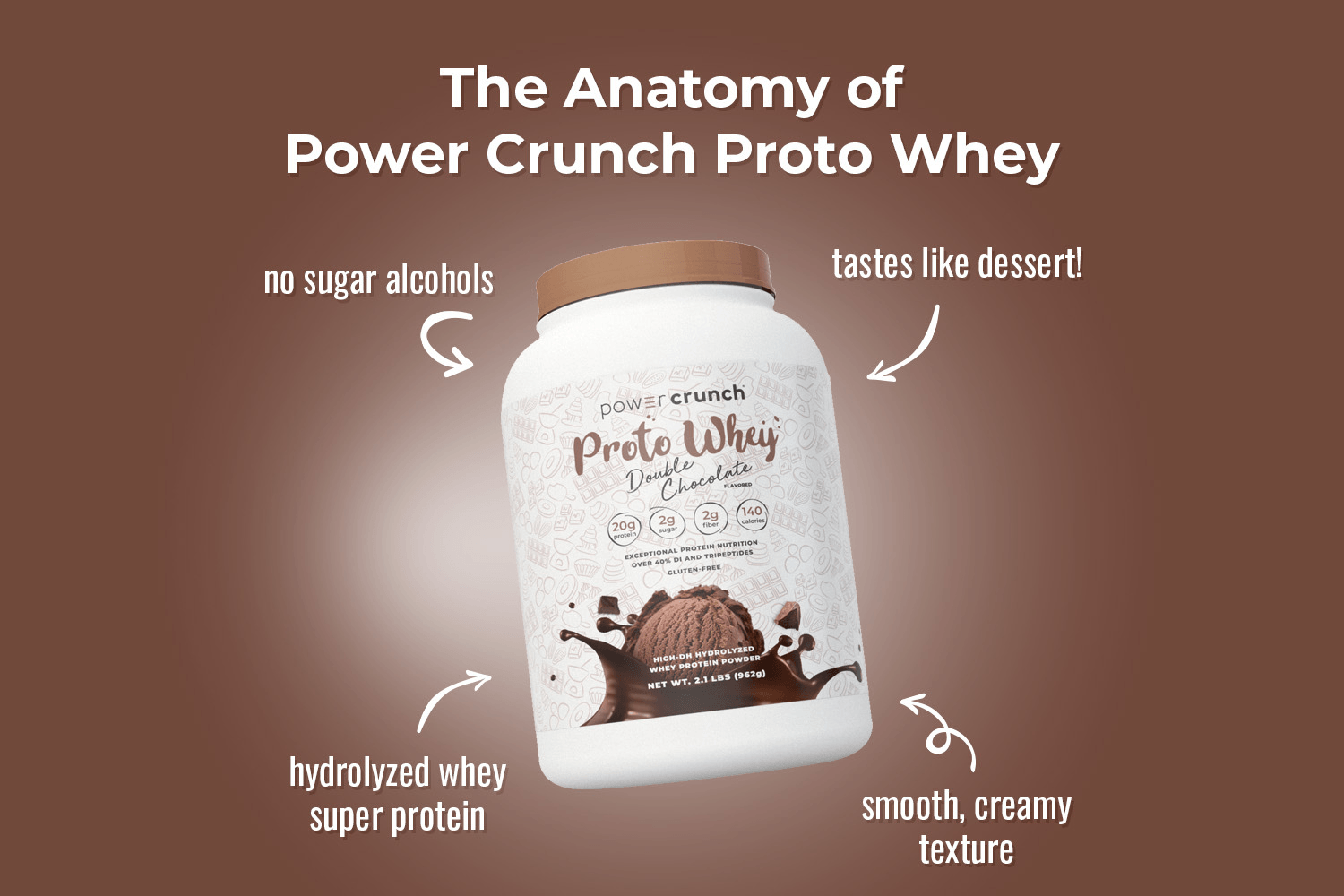 chocolate protein powder with hydrolyzed whey protein, no sugar alcohols, and smooth creamy texture