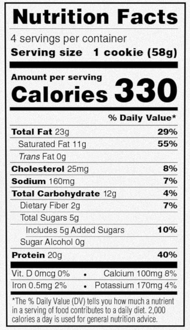 Power Crunch Pro Cookies and Cream High Protein Bars nutrition facts panel with 20g protein