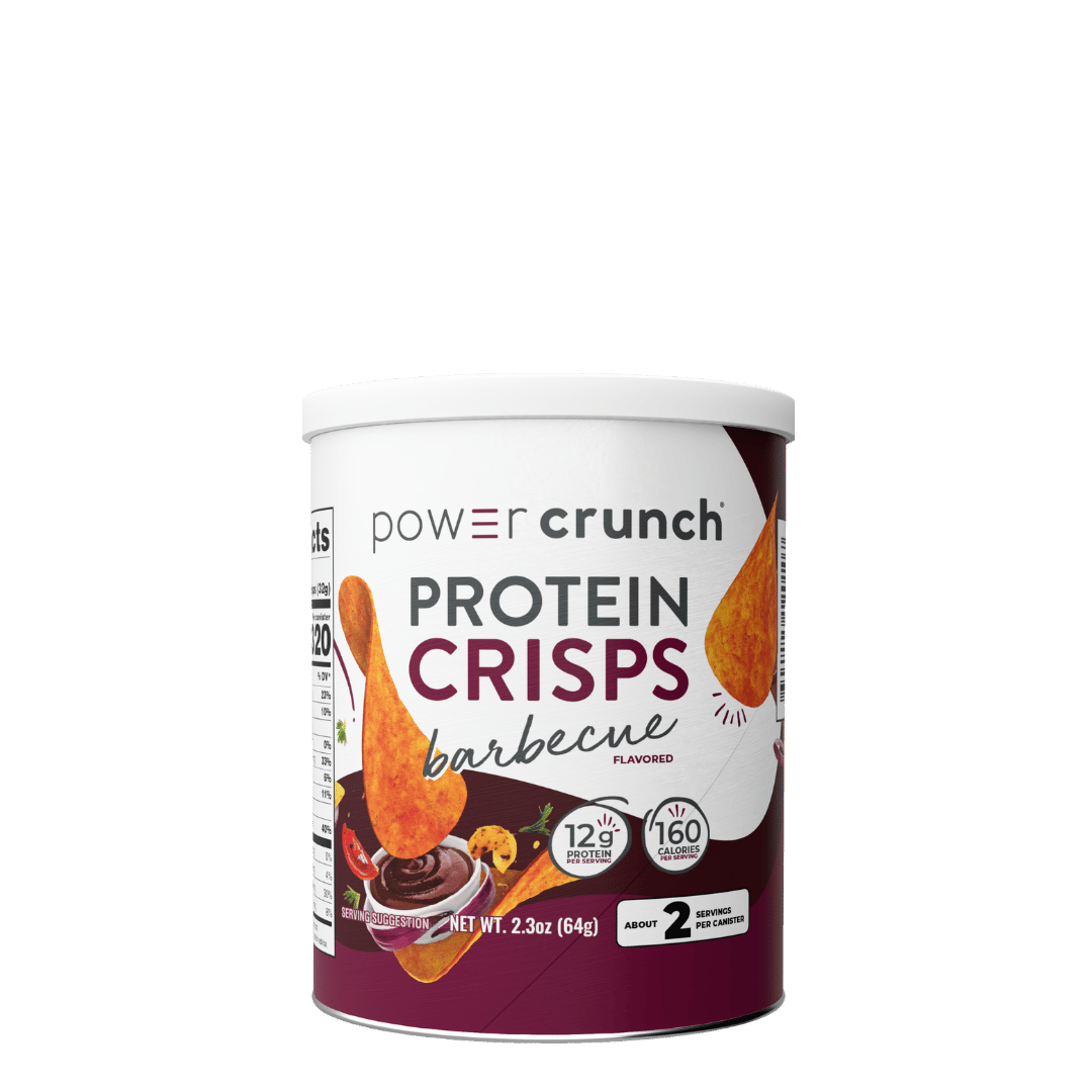 Container of Power Crunch Protein Crisps on a green background
