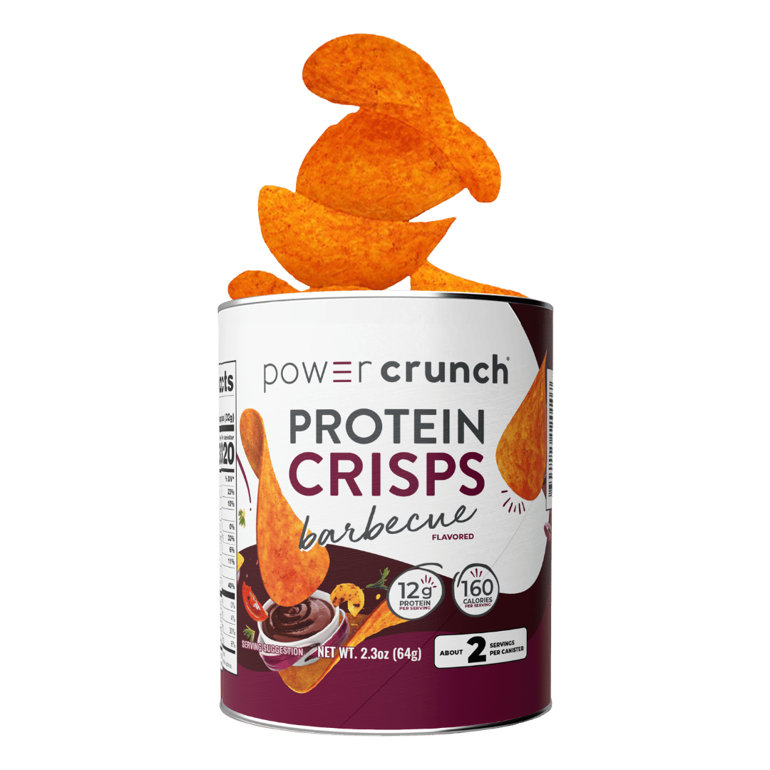 Can of Power Crunch Protein Crisps with barbecue flavor on a white background