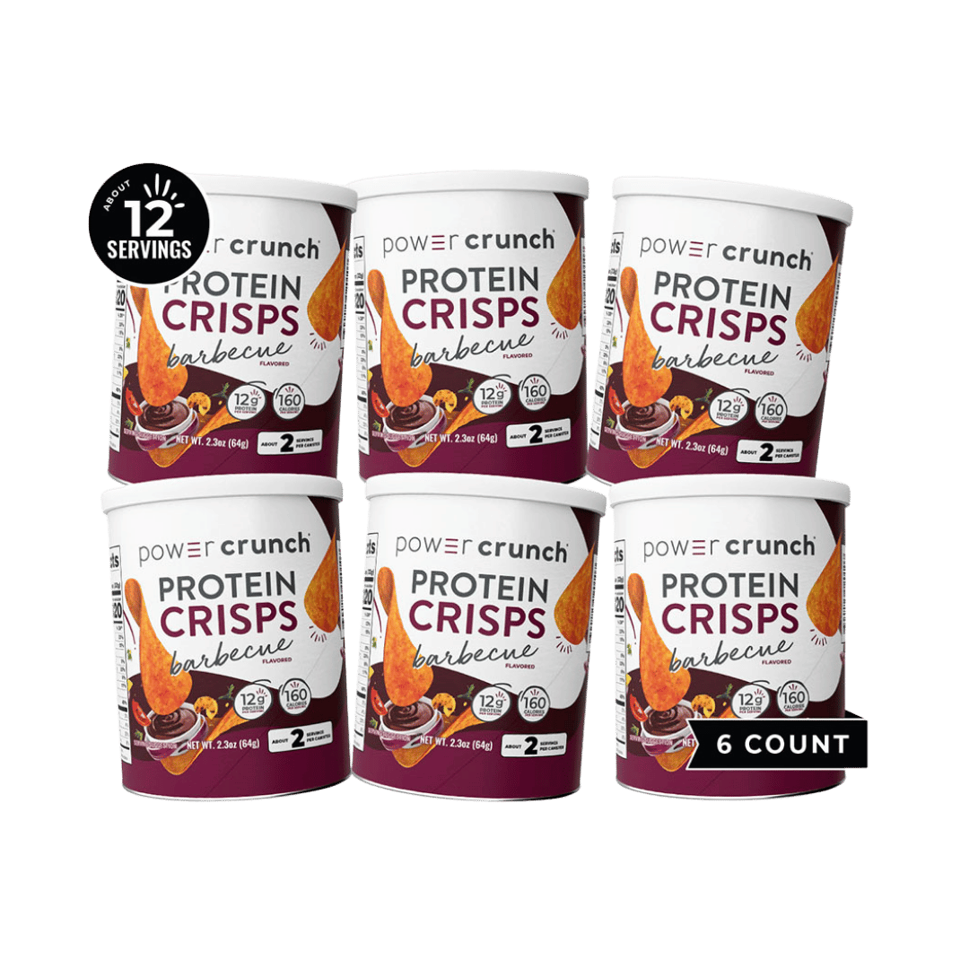 Multiple containers of Power Crunch Protein Crisps on a green background