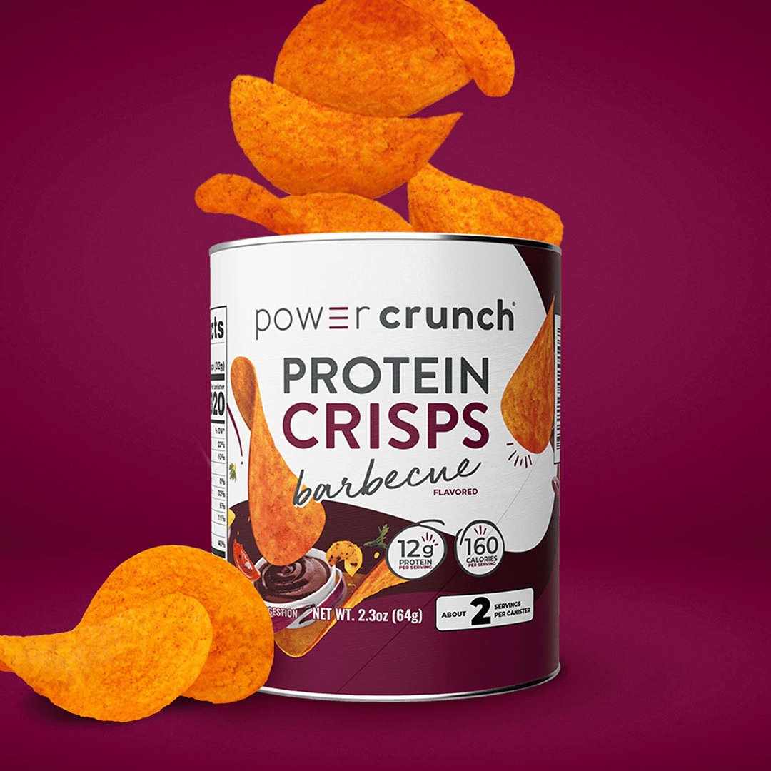 Can of Power Crunch Protein Crisps Barbecue flavored on a purple background