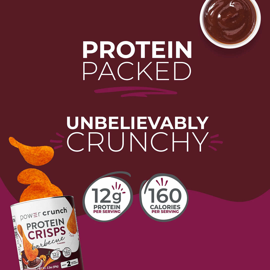 Advertisement for Protein Crunch Barbecue Protein Crisps with text highlighting protein content and crunchiness.