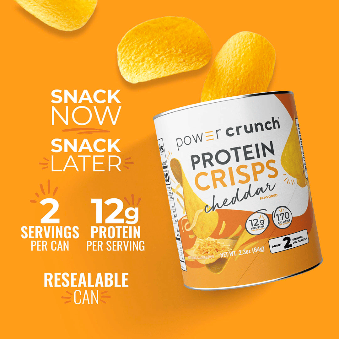 Can of Power Crunch Protein Crisps on an orange background with text highlighting nutritional information.