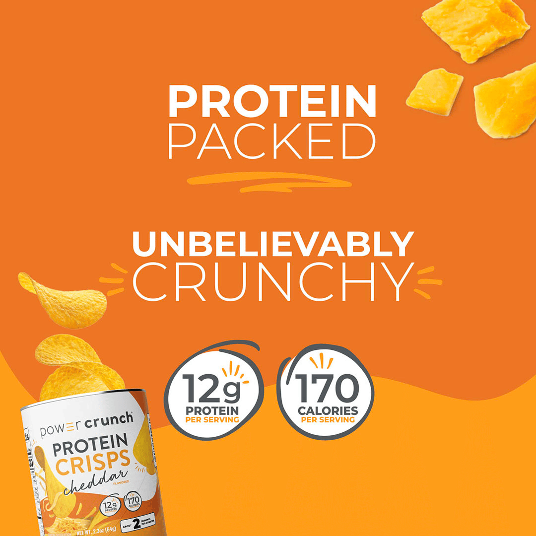 Protein crunch crisps packaging with text on an orange background