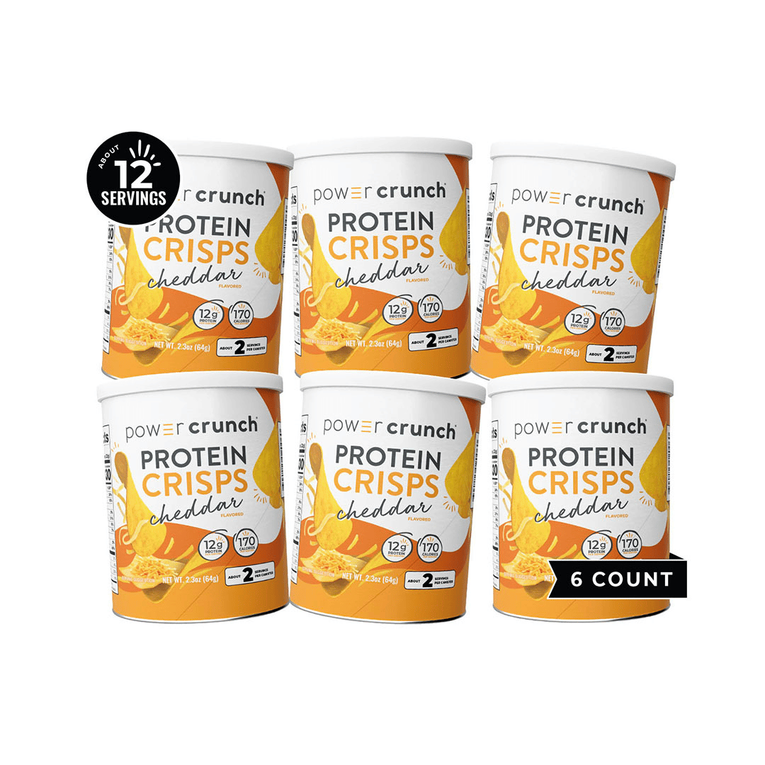 Six containers of Power Crunch Protein Crisps on a white background