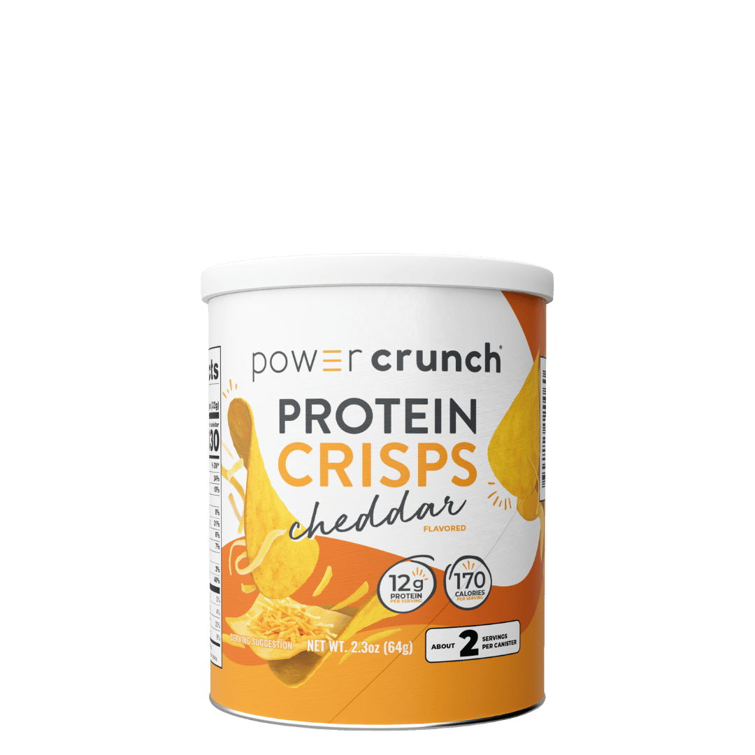 Can of Power Crunch Protein Crisps Cheddar flavor on a green background