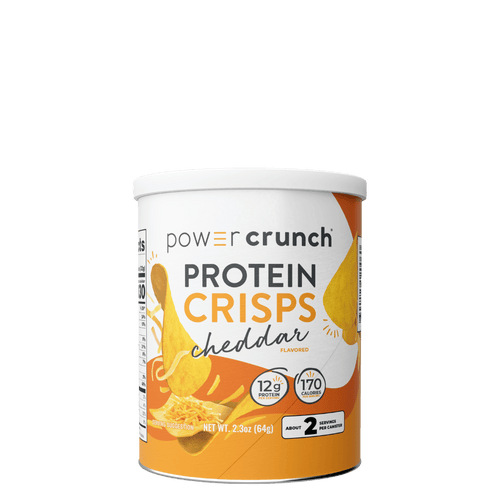 Can of Power Crunch Protein Crisps Cheddar flavor on a green background