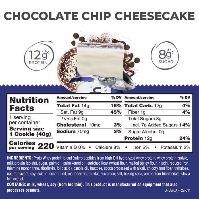 Original chocolate chip cheesecake protein bars nutrition information panel