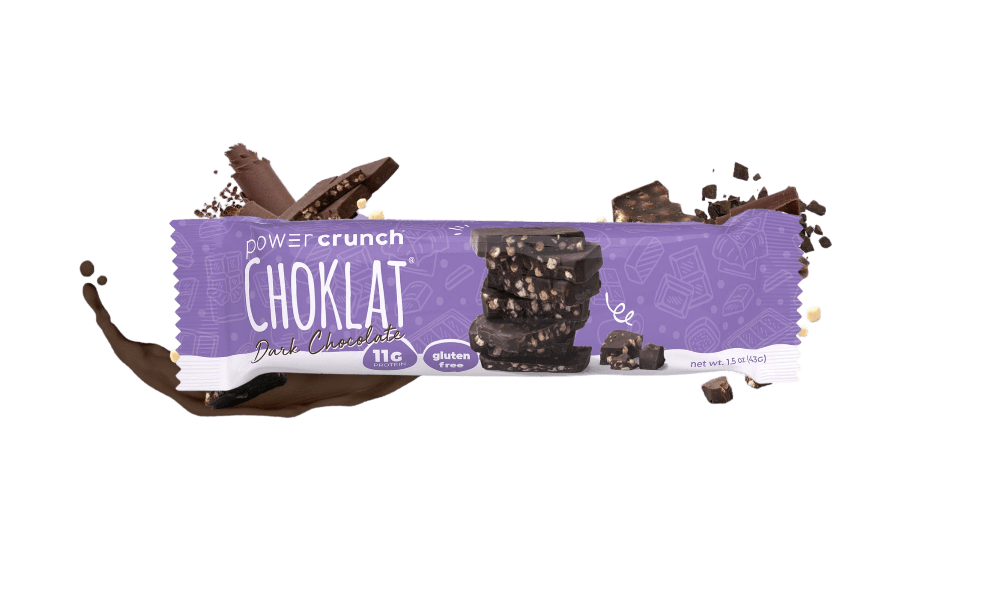 Power Crunch Choklat Dark Chocolate bars pictured with chocolate flavor explosion