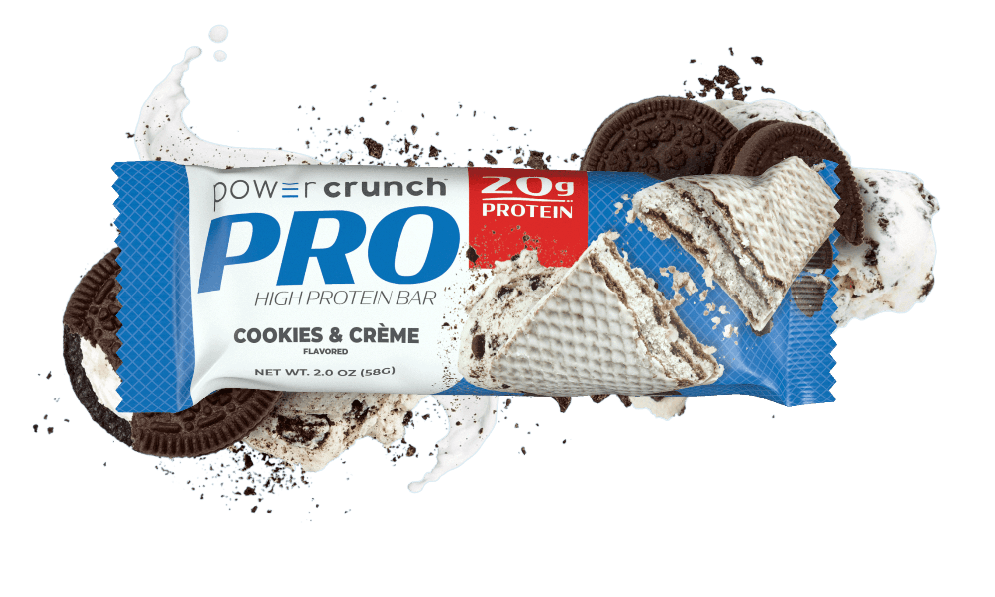 Power Crunch PRO Cookies and Cream 20g protein bars pictured with Cookies and Cream flavor explosion