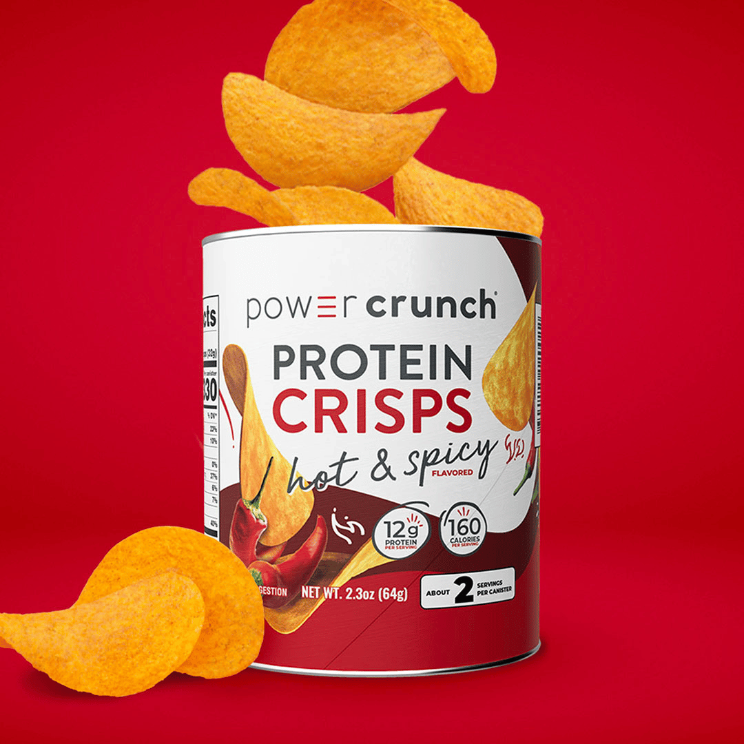 Can of Power Crunch Protein Crisps with chips on a red background