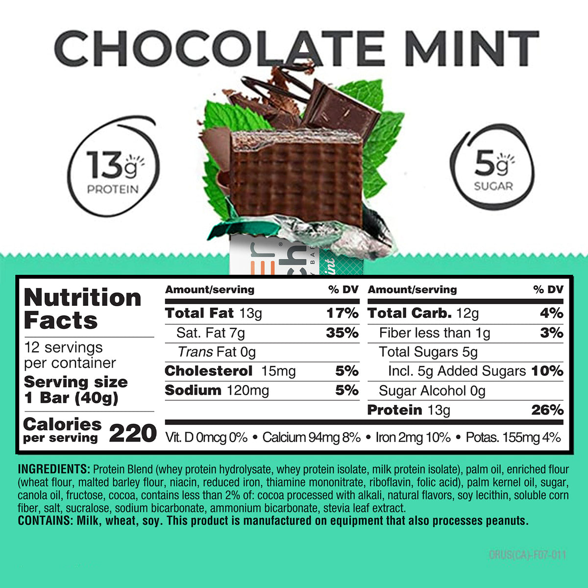 Nutrition label for a chocolate mint protein bar with an image of the bar and key nutritional information.
