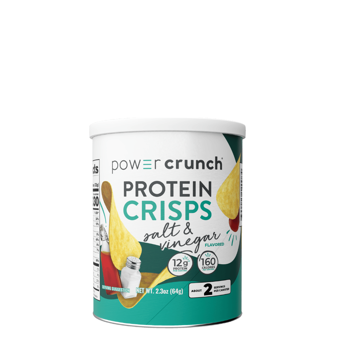 Can of Power Crunch Protein Crisps salt & vinegar flavor on a green background
