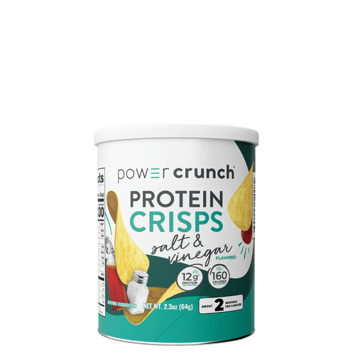 Can of Power Crunch Protein Crisps salt & vinegar flavor on a green background