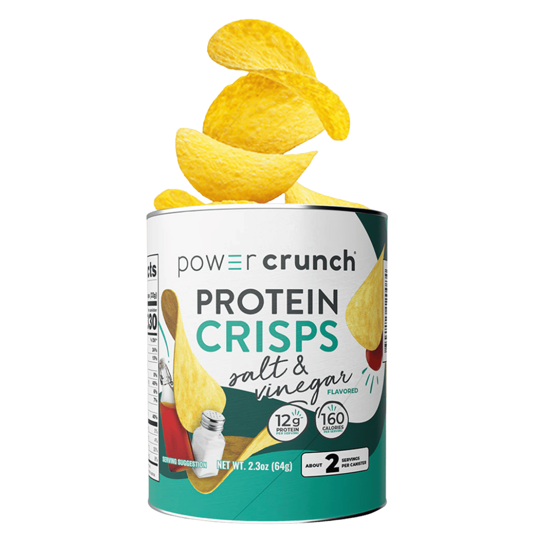 Can of Power Crunch Protein Crisps with salt and vinegar flavor on a green background