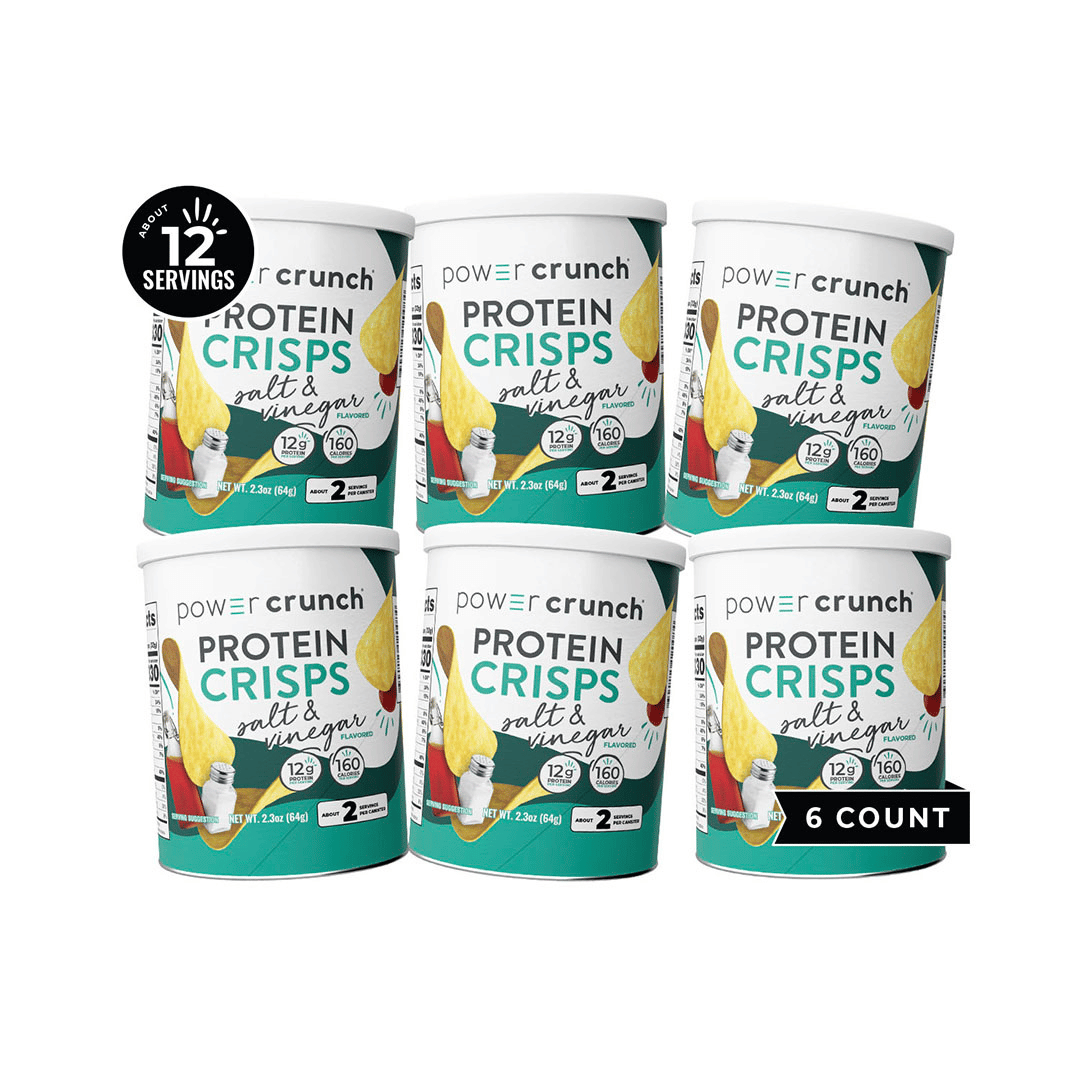 Multiple containers of Power Crunch Protein Crisps on a white background