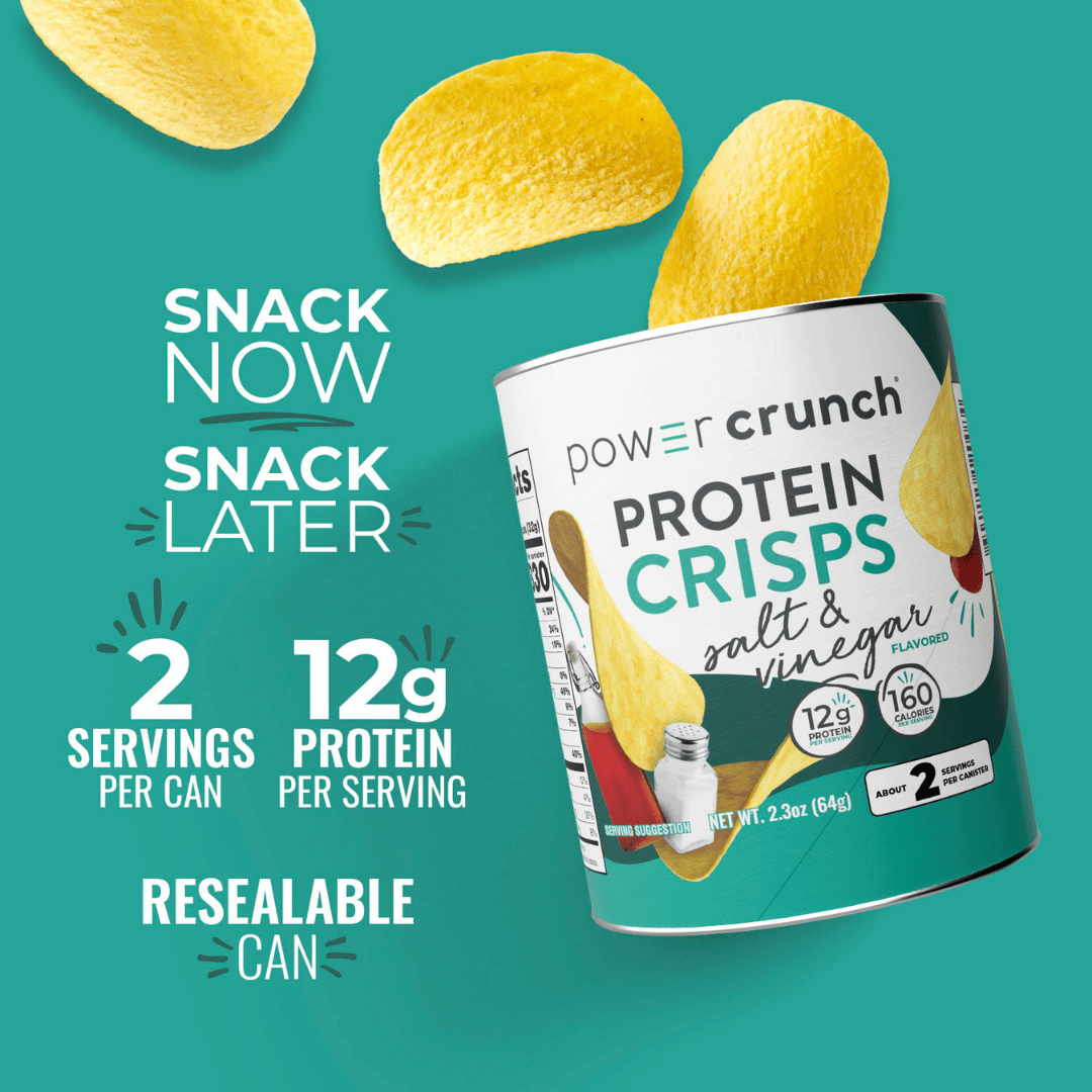 Can of Power Crunch Protein Crisps with text on a teal background
