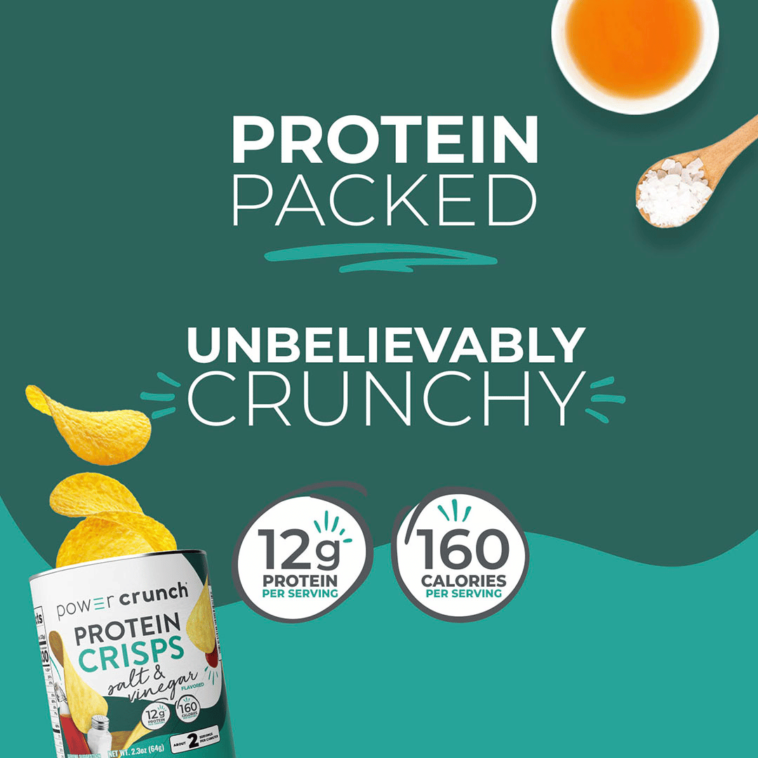 Advertisement for Protein Crunch Crisps with text highlighting protein content and crunchiness, featuring a can of the product and ingredients on a green background.