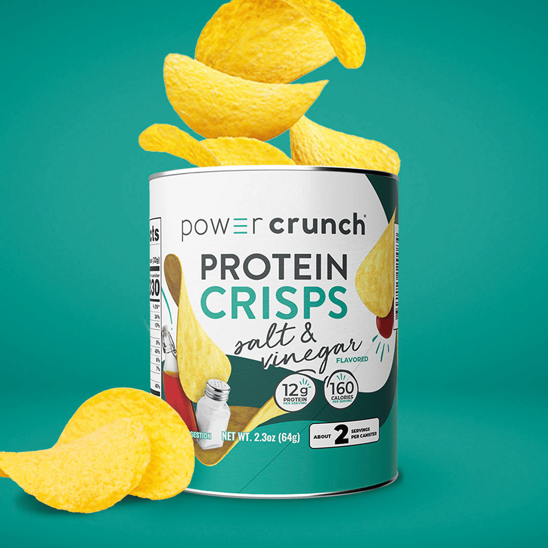 Power Crunch Protein Crisps salt & vinegar flavor packaging with chips on a teal background