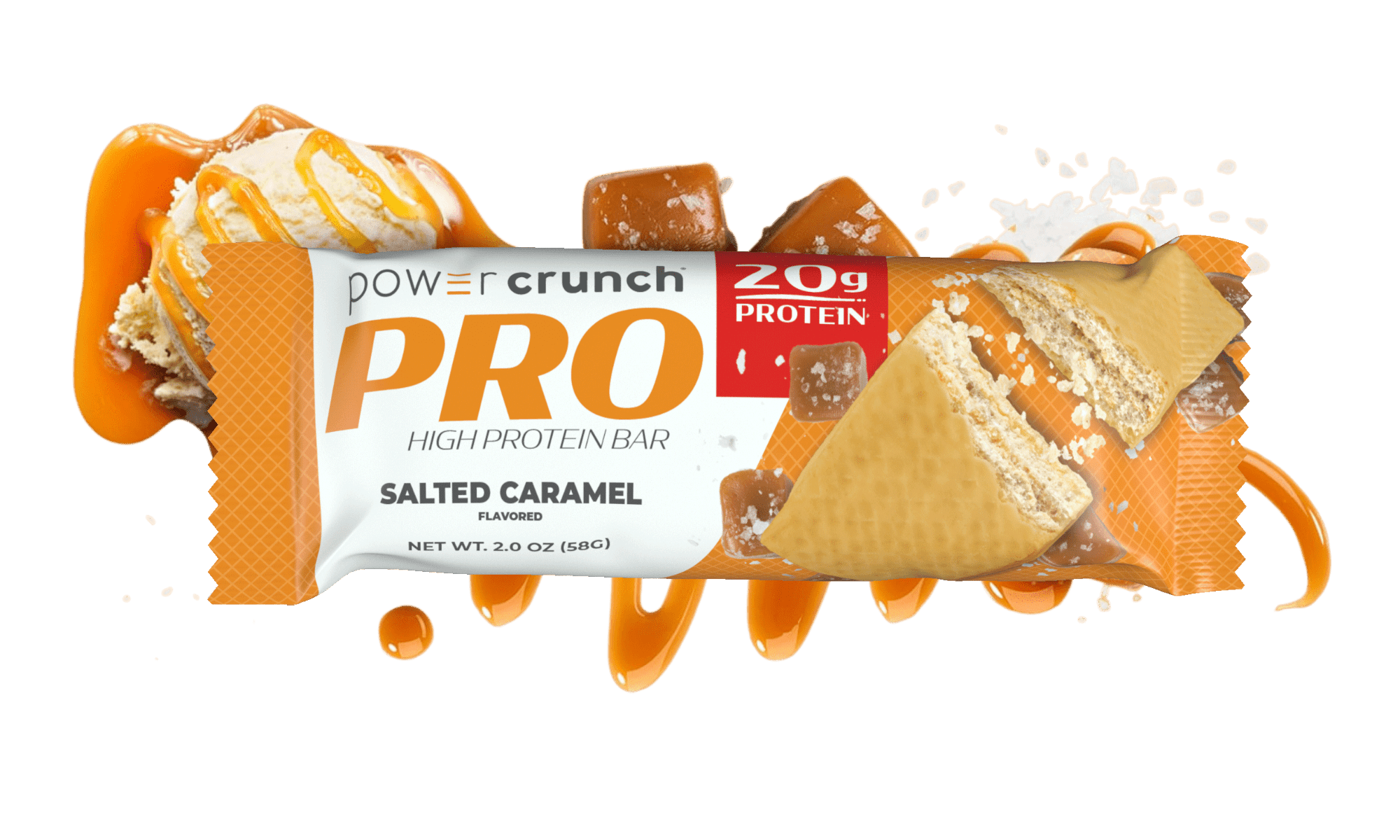 Power Crunch PRO Salted Caramel 20g protein bars pictured with Salted Caramel flavor explosion