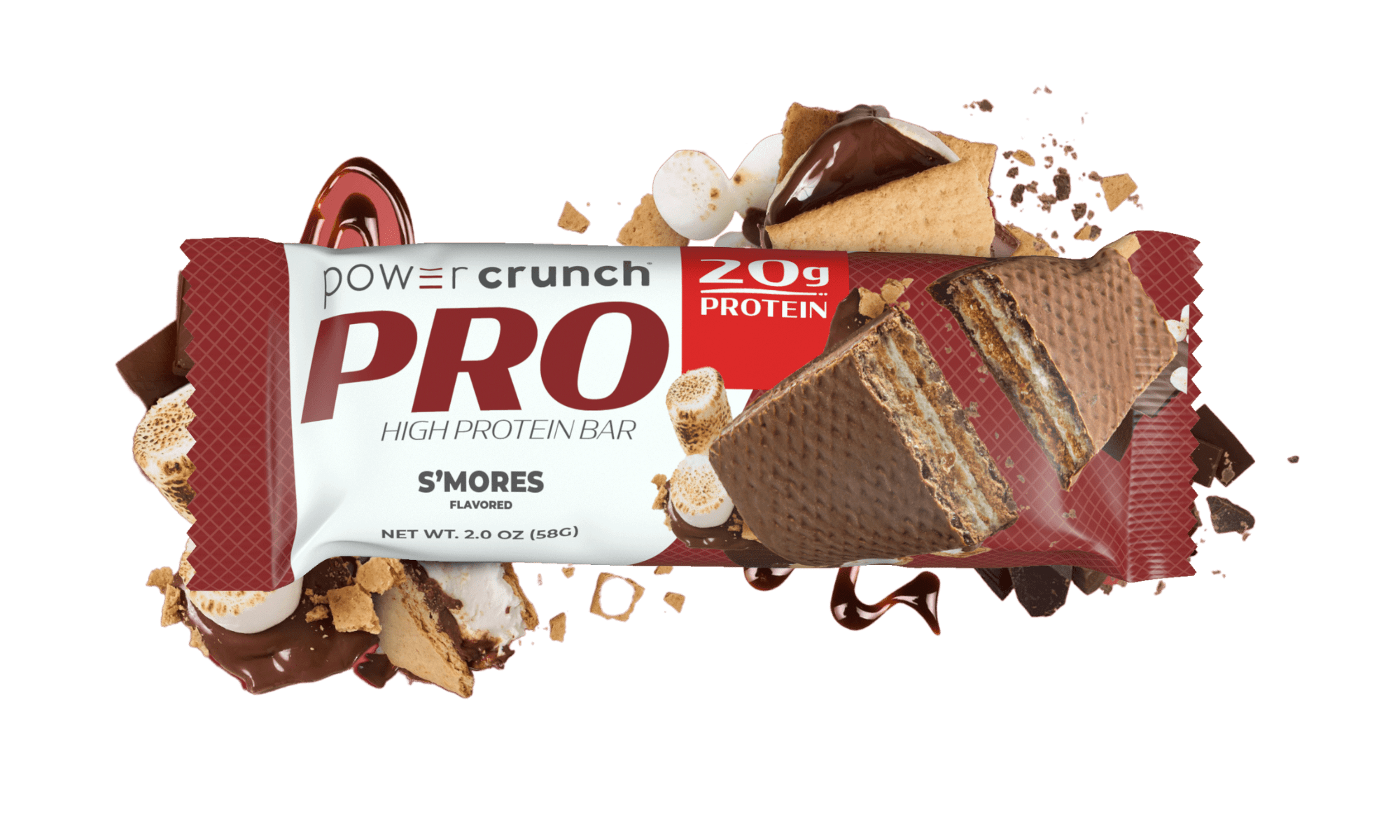 Power Crunch PRO S'mores 20g protein bars pictured with S'mores flavor explosion