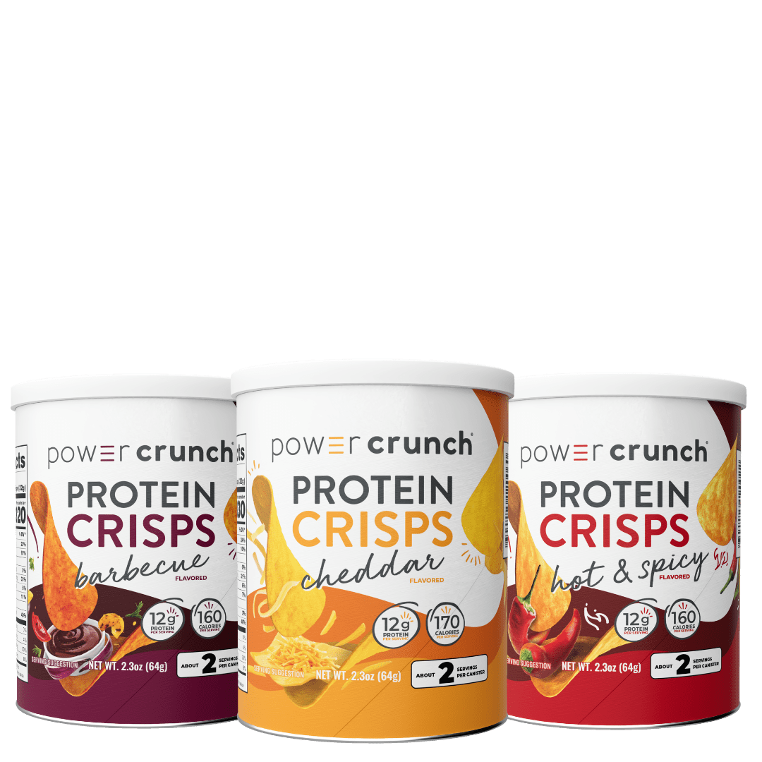 Three containers of Power Crunch Protein Crisps in different flavors on a white background