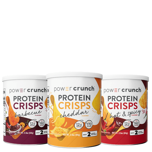 Three containers of Power Crunch Protein Crisps in different flavors on a white background